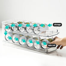Load image into Gallery viewer, Refrigerator Double Layer Beverage Cans Holder Water Storage Rack Transparent Box Drinks Dispenser Soda Organizer Self-Rolling Finishing Shelf for Kitchen