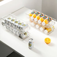 Load image into Gallery viewer, Refrigerator Double Layer Beverage Cans Holder Water Storage Rack Transparent Box Drinks Dispenser Soda Organizer Self-Rolling Finishing Shelf for Kitchen