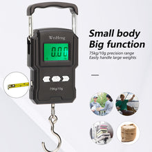Load image into Gallery viewer, 75Kg 10g USB Chargeable LCD Digital Scale with 1m Ruler Tapeline Portable Hanging Hook Scale Fishing Travel Mini Electronic Weighing Scale
