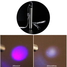 Load image into Gallery viewer, 365/395nm Stainless Steel Mini Pocket Lamp Led 365/395 UV Flashlight Torch Ultra Violet Light AAA Battery for Marker Checker Detection