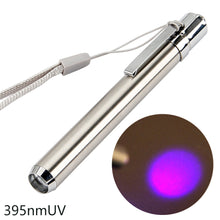 Load image into Gallery viewer, 365/395nm Stainless Steel Mini Pocket Lamp Led 365/395 UV Flashlight Torch Ultra Violet Light AAA Battery for Marker Checker Detection