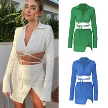 Load image into Gallery viewer, New Fashion Hollow Cardigan Long Sleeve Lapel Top Slim Short Skirt Suit Bright Color Two-piece