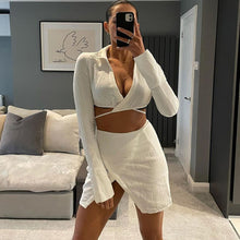 Load image into Gallery viewer, New Fashion Hollow Cardigan Long Sleeve Lapel Top Slim Short Skirt Suit Bright Color Two-piece