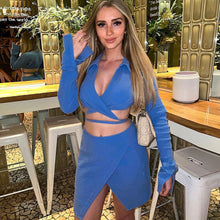 Load image into Gallery viewer, New Fashion Hollow Cardigan Long Sleeve Lapel Top Slim Short Skirt Suit Bright Color Two-piece