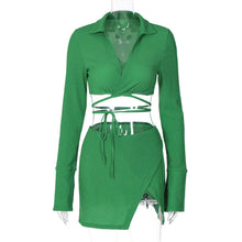 Load image into Gallery viewer, New Fashion Hollow Cardigan Long Sleeve Lapel Top Slim Short Skirt Suit Bright Color Two-piece