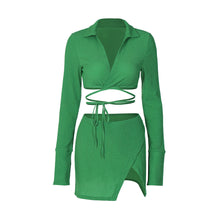 Load image into Gallery viewer, New Fashion Hollow Cardigan Long Sleeve Lapel Top Slim Short Skirt Suit Bright Color Two-piece