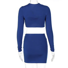 Load image into Gallery viewer, Sexy Hollow Long Sleeve Lowcut Top T-shirt + Slim Skirt Set Round Neck Women Autumn Dew Waist Suit
