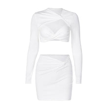 Load image into Gallery viewer, Sexy Hollow Long Sleeve Lowcut Top T-shirt + Slim Skirt Set Round Neck Women Autumn Dew Waist Suit