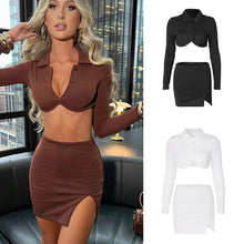 Load image into Gallery viewer, Polo Collar Cardigan Long Sleeve Short Top T-shirt Hollow Open Back Slim Fit Slit Wrap Hip Skirt Suit