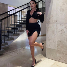 Load image into Gallery viewer, Polo Collar Cardigan Long Sleeve Short Top T-shirt Hollow Open Back Slim Fit Slit Wrap Hip Skirt Suit