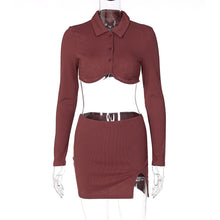 Load image into Gallery viewer, Polo Collar Cardigan Long Sleeve Short Top T-shirt Hollow Open Back Slim Fit Slit Wrap Hip Skirt Suit