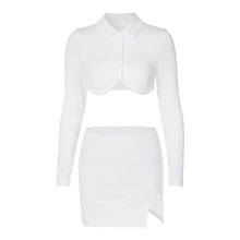 Load image into Gallery viewer, Polo Collar Cardigan Long Sleeve Short Top T-shirt Hollow Open Back Slim Fit Slit Wrap Hip Skirt Suit