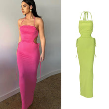 Load image into Gallery viewer, Sexy Lace-up Open-back Side Cutout Slim Fit Solid Color Off Shoulder Halterneck Smocked Floor-length Dress