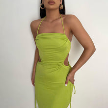 Load image into Gallery viewer, Sexy Lace-up Open-back Side Cutout Slim Fit Solid Color Off Shoulder Halterneck Smocked Floor-length Dress