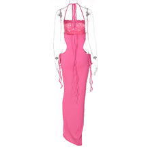 Load image into Gallery viewer, Sexy Lace-up Open-back Side Cutout Slim Fit Solid Color Off Shoulder Halterneck Smocked Floor-length Dress