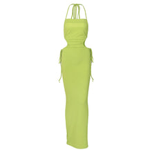 Load image into Gallery viewer, Sexy Lace-up Open-back Side Cutout Slim Fit Solid Color Off Shoulder Halterneck Smocked Floor-length Dress