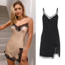 Load image into Gallery viewer, Spring and Summer Women Sexy Lowcut off Shoulder Sling Loose Lace Ruched Slit Satin Slip Dress