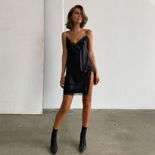 Load image into Gallery viewer, Spring and Summer Women Sexy Lowcut off Shoulder Sling Loose Lace Ruched Slit Satin Slip Dress