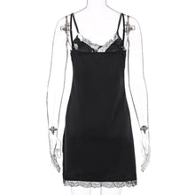 Load image into Gallery viewer, Spring and Summer Women Sexy Lowcut off Shoulder Sling Loose Lace Ruched Slit Satin Slip Dress