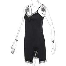 Load image into Gallery viewer, Spring and Summer Women Sexy Lowcut off Shoulder Sling Loose Lace Ruched Slit Satin Slip Dress