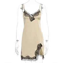 Load image into Gallery viewer, Spring and Summer Women Sexy Lowcut off Shoulder Sling Loose Lace Ruched Slit Satin Slip Dress