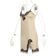 Load image into Gallery viewer, Spring and Summer Women Sexy Lowcut off Shoulder Sling Loose Lace Ruched Slit Satin Slip Dress