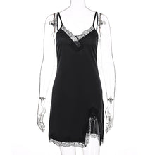 Load image into Gallery viewer, Spring and Summer Women Sexy Lowcut off Shoulder Sling Loose Lace Ruched Slit Satin Slip Dress