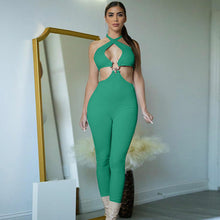 Load image into Gallery viewer, Women's Fashion Solid Color Slim Fit Waist Hollow Trousers Halterneck Backless Crop Top Jumpsuit