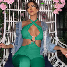 Load image into Gallery viewer, Women's Fashion Solid Color Slim Fit Waist Hollow Trousers Halterneck Backless Crop Top Jumpsuit