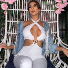 Load image into Gallery viewer, Women's Fashion Solid Color Slim Fit Waist Hollow Trousers Halterneck Backless Crop Top Jumpsuit