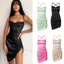 Load image into Gallery viewer, New Style Open Back Lace Up Hollow Lowcut Cross Straps Elegant Wrap Skirt Smocked Satin Sling Dress