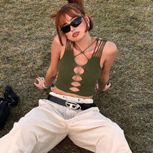 Load image into Gallery viewer, Sexy Summer Cutout Slim Fit Cropped Navel Sleeveless Tank Top Cross Straps Round Neck Off Shoulder T-shirt Vest