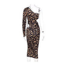 Load image into Gallery viewer, Leopard Printed One Shoulder Halterneck Sexy Dew Waist Cutout Slim Fit Women Wrap Dress