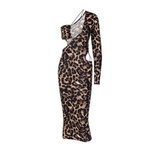 Load image into Gallery viewer, Leopard Printed One Shoulder Halterneck Sexy Dew Waist Cutout Slim Fit Women Wrap Dress
