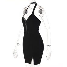 Load image into Gallery viewer, V-neck Halterneck Zipper Open Back Off Shoulder Women Fashion Sexy Slim Fit Slit Dress
