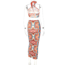 Load image into Gallery viewer, New Summer Printed Halterneck Strapless Tube Top Slim Fit Wrap Skirt Set Waist Hollow Long Dress