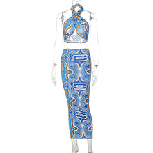 Load image into Gallery viewer, New Summer Printed Halterneck Strapless Tube Top Slim Fit Wrap Skirt Set Waist Hollow Long Dress
