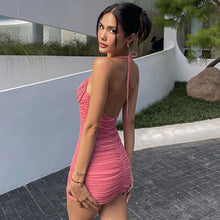 Load image into Gallery viewer, Pink Sexy V-neck Halterneck Open Back Lowcut Off Shoulder Ruched Tie-up Waist-in Wrap Hip Dress
