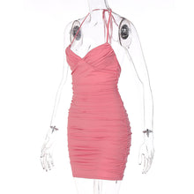 Load image into Gallery viewer, Pink Sexy V-neck Halterneck Open Back Lowcut Off Shoulder Ruched Tie-up Waist-in Wrap Hip Dress