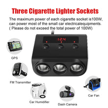 Load image into Gallery viewer, 3 Way Cigarette Lighter Socket Splitter 12V 100W 4 USB Car Charger Power Supply Auto Phone Charger Adapter for Iphone Samsung