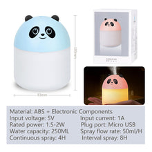 Load image into Gallery viewer, 250ml Cute Panda Mini Air Humidifier with Night Light Essential Oil Diffuser USB Mist Maker Car Air Freshener for Bedroom Office