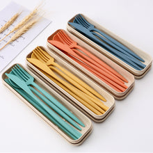 Load image into Gallery viewer, 4PCS/Set Wheat Straw Spoon Fork Chopsticks With Box Students Tableware Travel Portable Dinnerware Kitchen Accessories