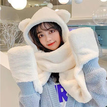 Load image into Gallery viewer, Bear Hat Scarf Gloves 3 in 1 Double Thickened Multi-functional Ear Protective Plush Warm Hat Winter Outdoor Plush Hat