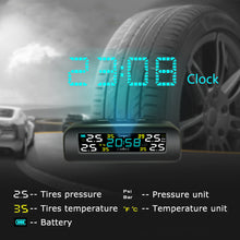 Load image into Gallery viewer, Car Tire Pressure Alarm TPMS Solar Digital Automatic Clock LCD Display Auto Security System Temperature Warning