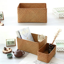 Load image into Gallery viewer, Woven Seagrass Storage Baskets Hand-woven Straw Seaweed Basket Desk Organizer Picnic Basket Rectangular Box Fruit Snack Cosmetics Container