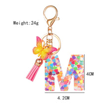 Load image into Gallery viewer, 26 Letter Pink Tassel Gradient Butterfly Resin Keychain Pendant Key Ring Women Bag Ornaments Accessories