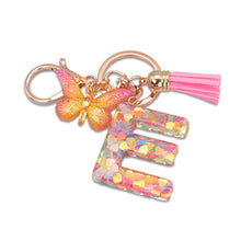 Load image into Gallery viewer, 26 Letter Pink Tassel Gradient Butterfly Resin Keychain Pendant Key Ring Women Bag Ornaments Accessories