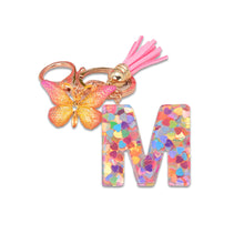 Load image into Gallery viewer, 26 Letter Pink Tassel Gradient Butterfly Resin Keychain Pendant Key Ring Women Bag Ornaments Accessories