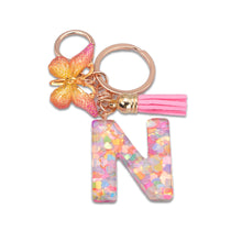 Load image into Gallery viewer, 26 Letter Pink Tassel Gradient Butterfly Resin Keychain Pendant Key Ring Women Bag Ornaments Accessories