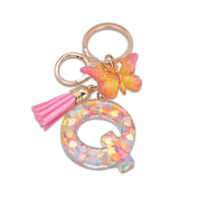 Load image into Gallery viewer, 26 Letter Pink Tassel Gradient Butterfly Resin Keychain Pendant Key Ring Women Bag Ornaments Accessories